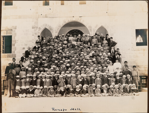 Children and staff fill the entrance of Ramapo Hall. Miamia, 1922.