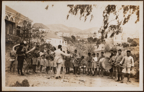 The orphanage band plays in the yard. Jibail, 1922.